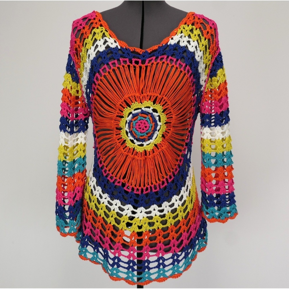 Crochet Tunic Mandala Sunburst Boho Festival Rainbow Knit Artisanal Beach Kaftan - Picture 4 of 9